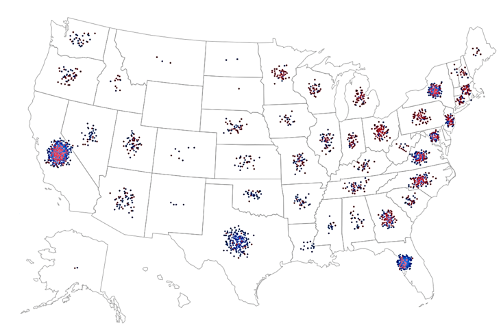 Dot map of the U.S. showing Chagas disease cases by state, with the largest clusters in California, Texas, Florida, and New York.